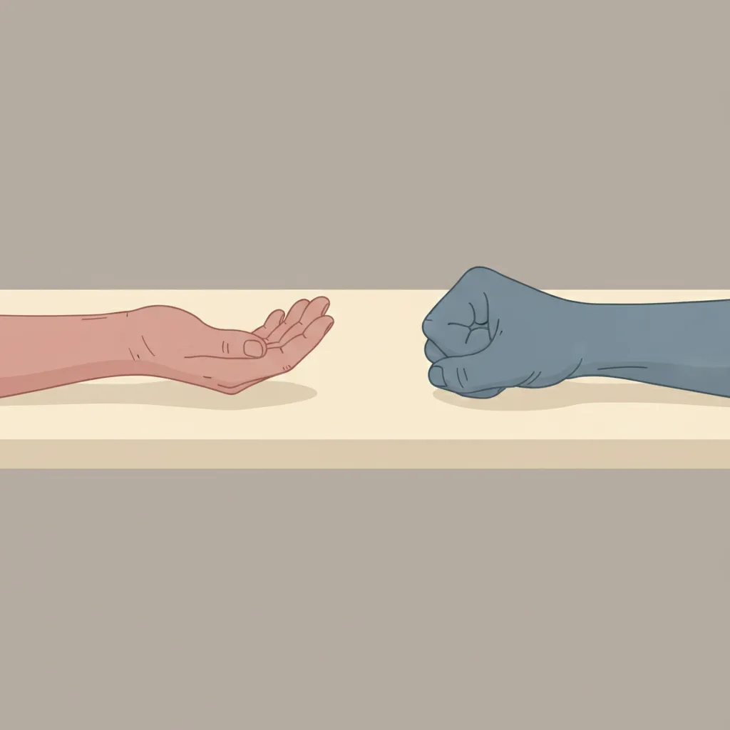 Two hands on opposite sides of a table, one open and relaxed, the other clenched into a fist.