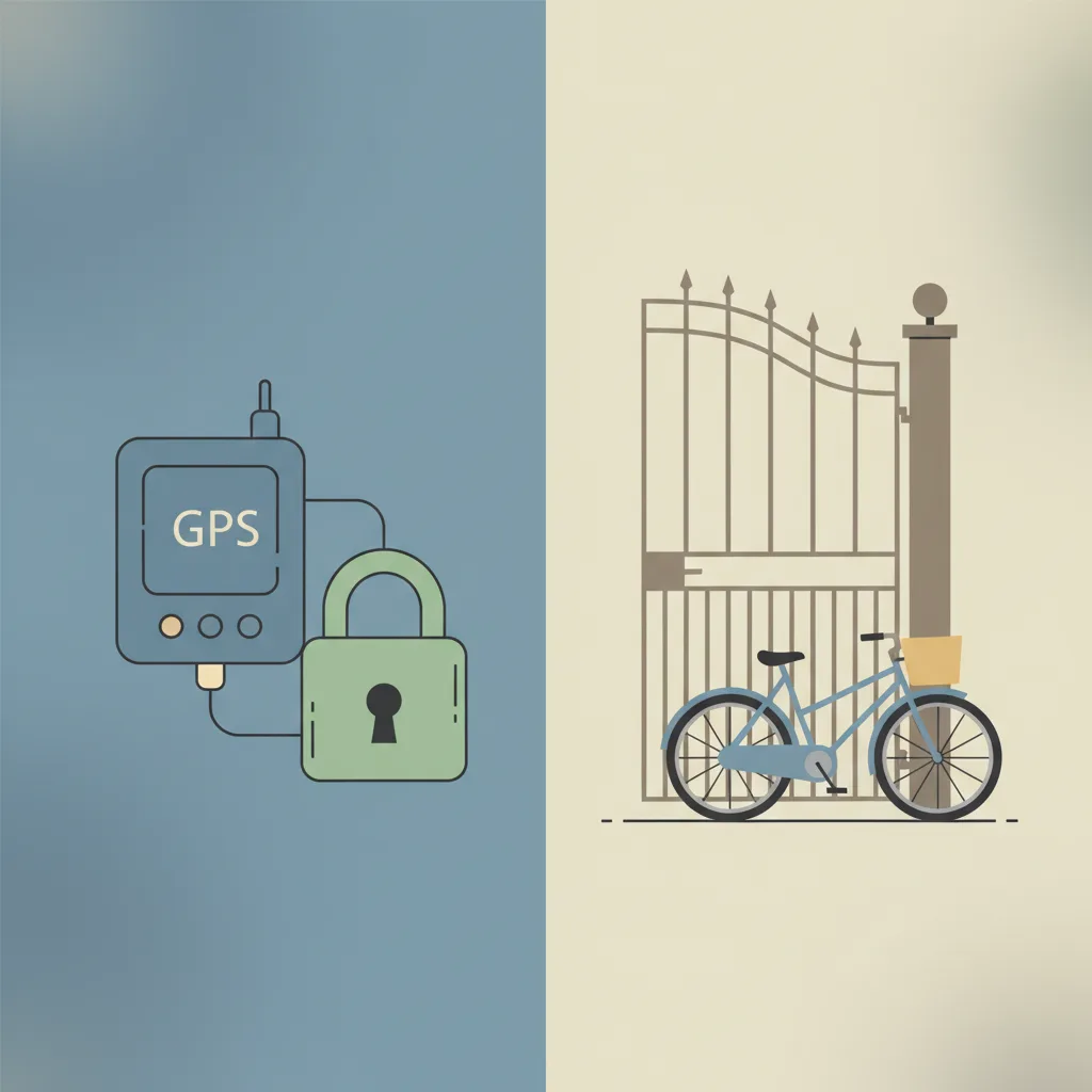 A GPS tracker and a padlock on the left, an open gate with a bicycle on the right