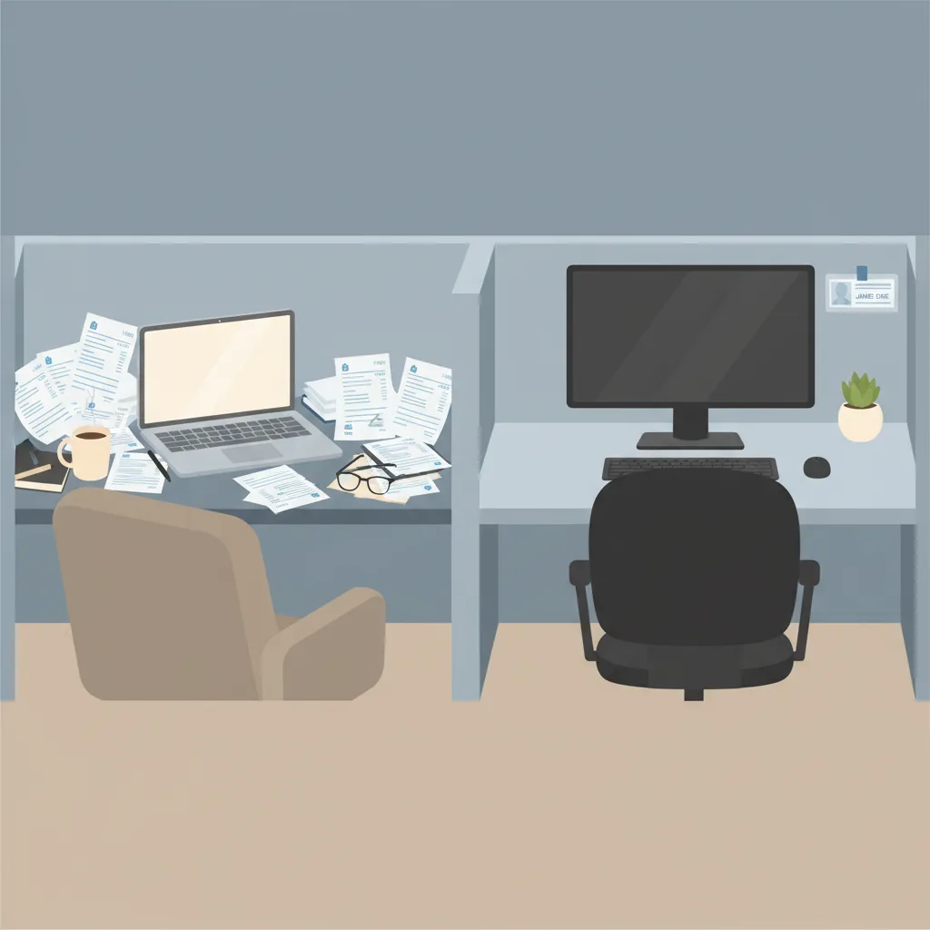 Two desks side by side, one cluttered home office with a laptop, the other a clean corporate cubicle with a monitor.