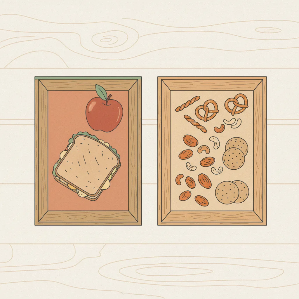 Two trays on a plain table, one with a single sandwich and apple, the other with multiple small snack packages scattered.