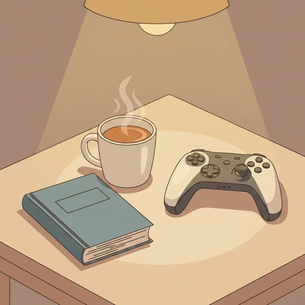 A game controller resting on a coffee table beside a closed paperback book, both half-lit by an evening lamp.