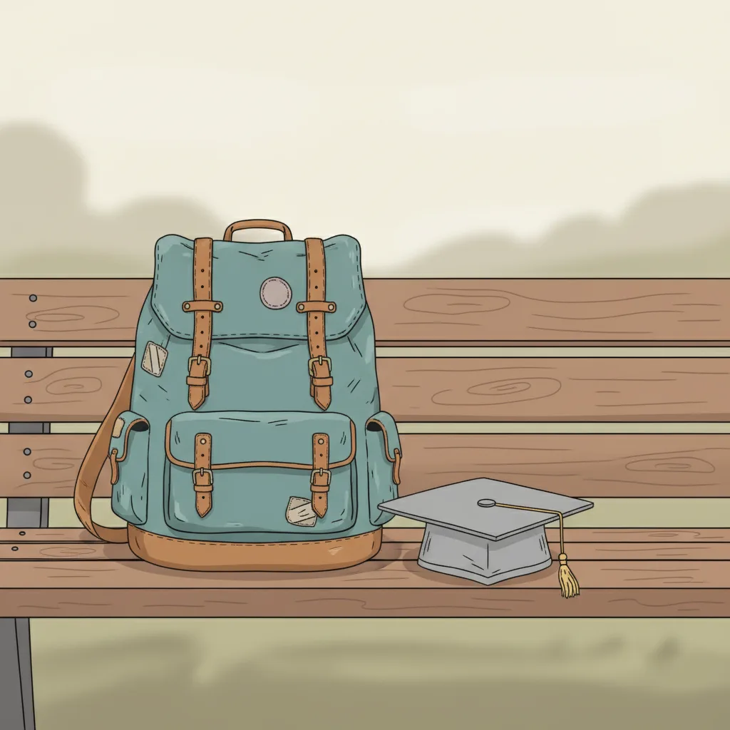 A backpack and a graduation cap resting side by side on a bench.