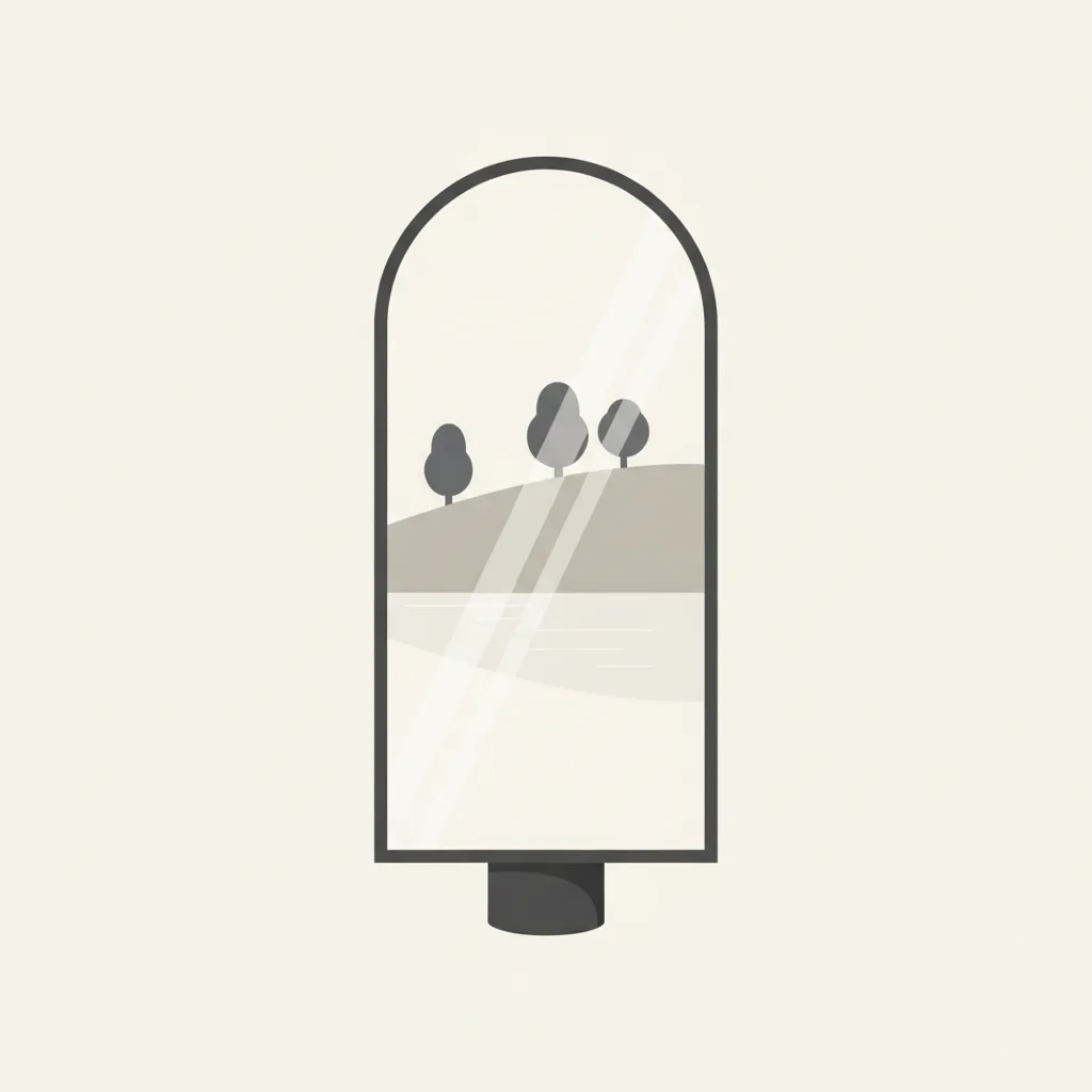 A flat vector illustration of a simple mirror reflecting a clear calm image, muted tones