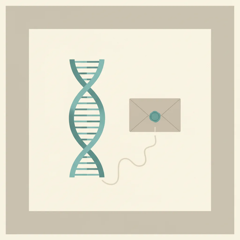 A DNA double helix beside a sealed envelope on a plain neutral surface