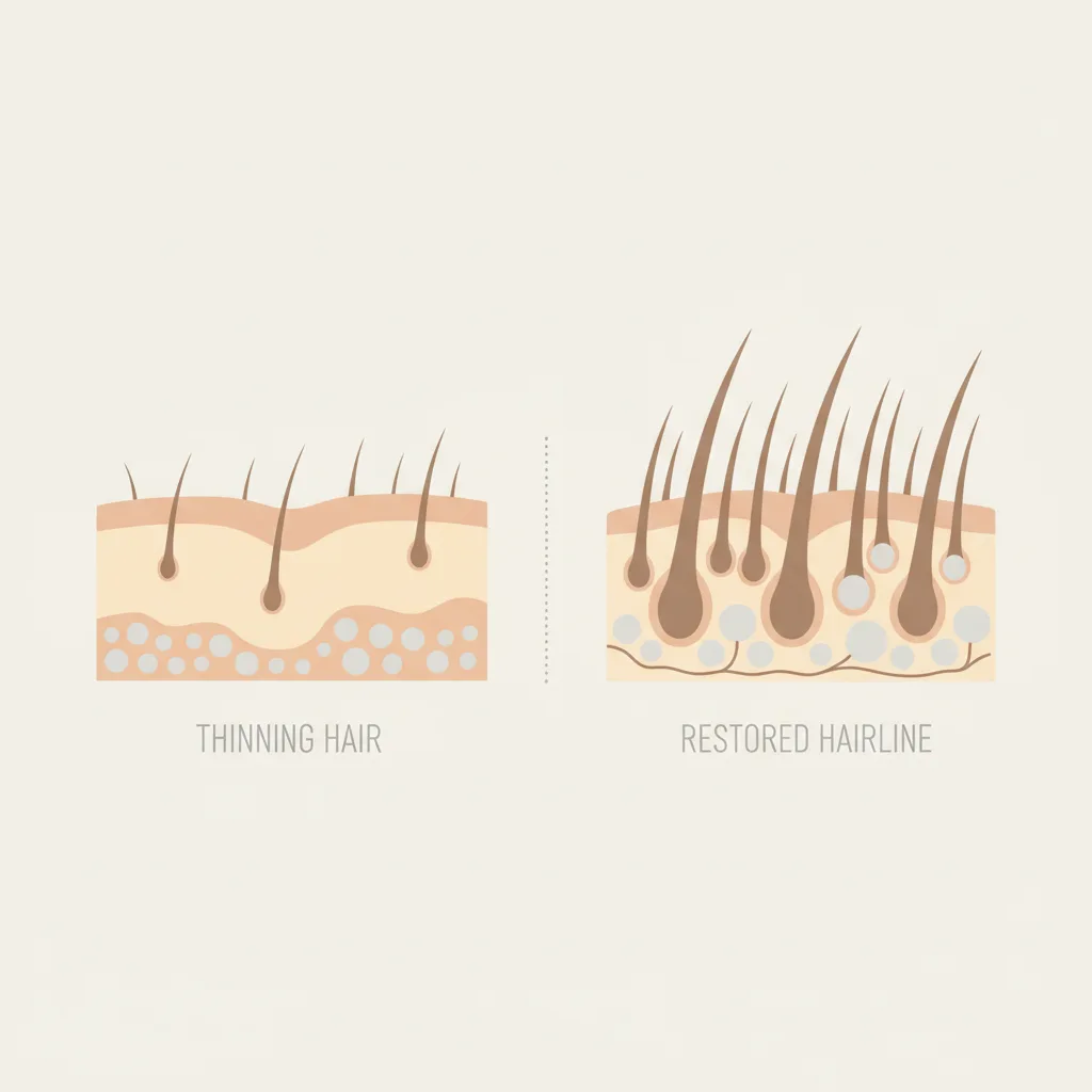 Two scalp cross-sections side by side, one with thinning follicles, the other with dense restored hairline.