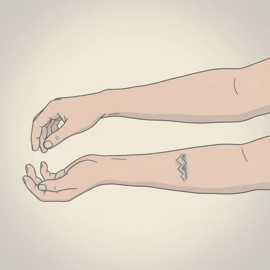 A bare forearm beside an identical forearm with a small faded tattoo, both resting on a neutral surface.
