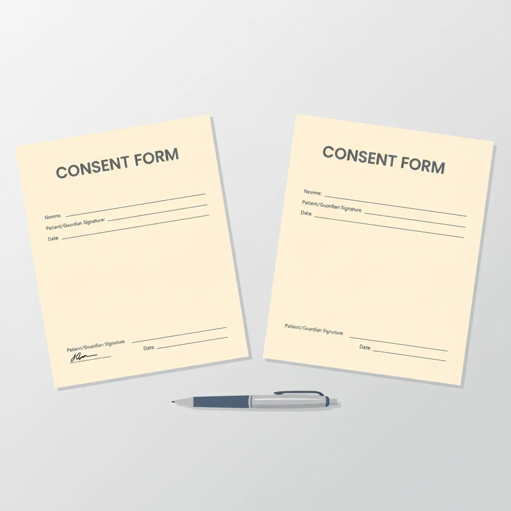 Two medical consent forms side by side on a desk, one signed and one blank, a pen resting between them.