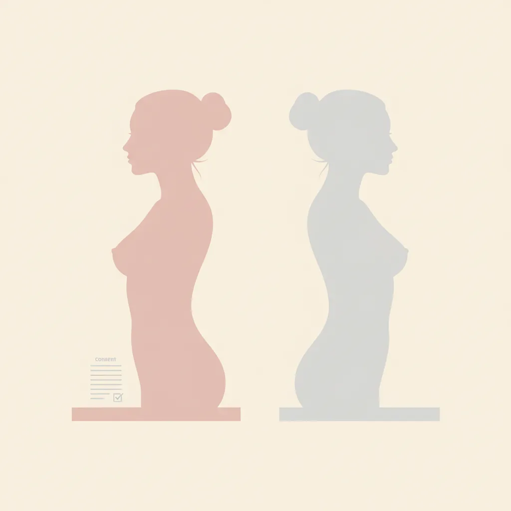 Two identical silhouettes side by side, one with a small surgical consent form resting beneath it, the other bare, on a neutral surface.