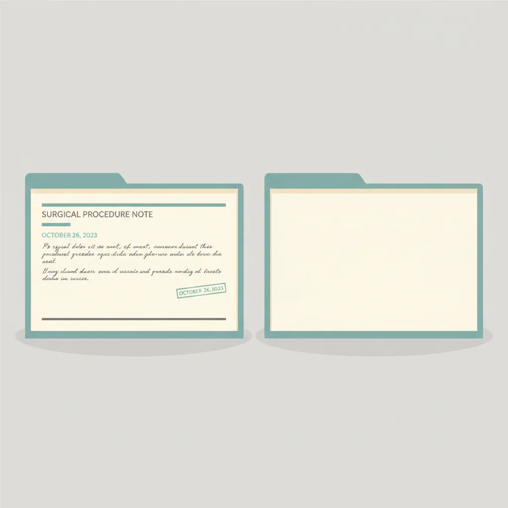 Two nearly identical medical charts side by side on a desk, one with a surgical note, the other blank.
