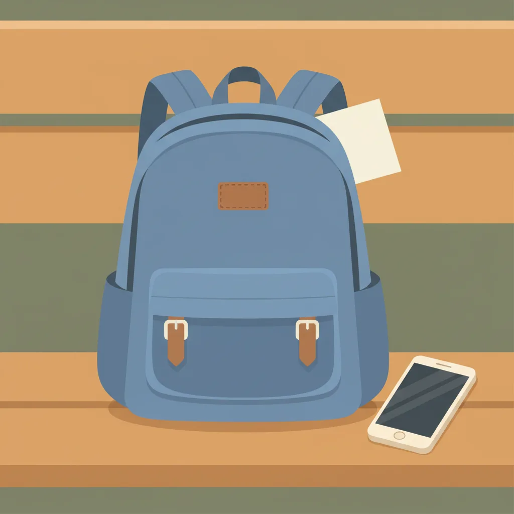 A child-sized backpack on a school bench beside a smartphone and a simple folded note