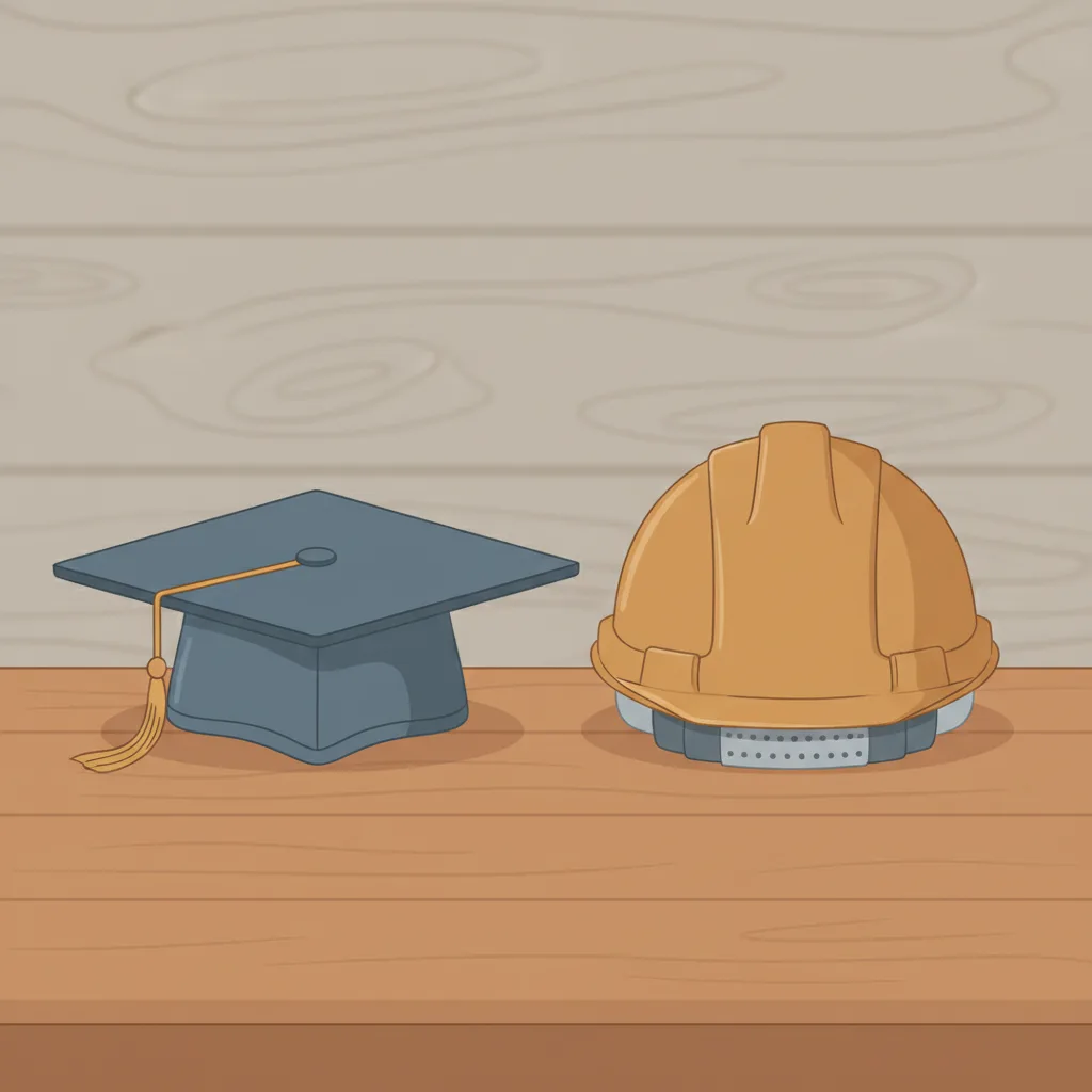 A graduation cap and a hard hat resting side by side on a plain surface.