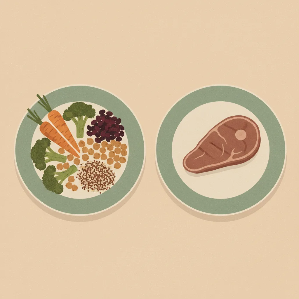 Two plates side by side, one with vegetables and legumes, the other with a cut of meat, both slightly faded.