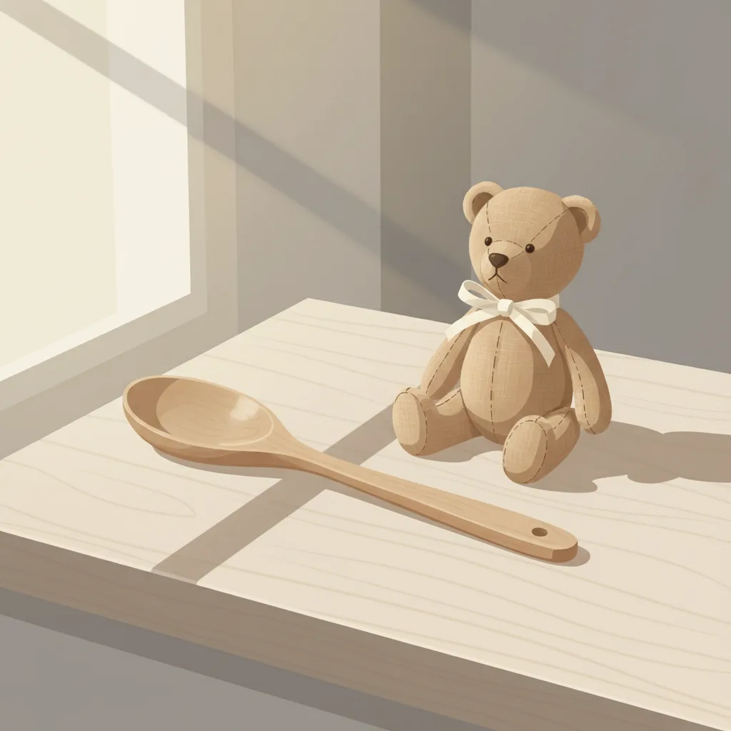 A wooden spoon and a soft cloth bear sitting side by side on a kitchen counter, both still and unused.
