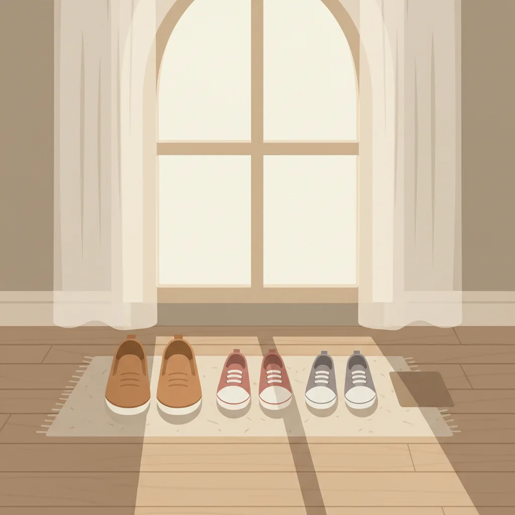A row of small shoes by a door, one pair adult-sized and two child-sized, with space for a third.