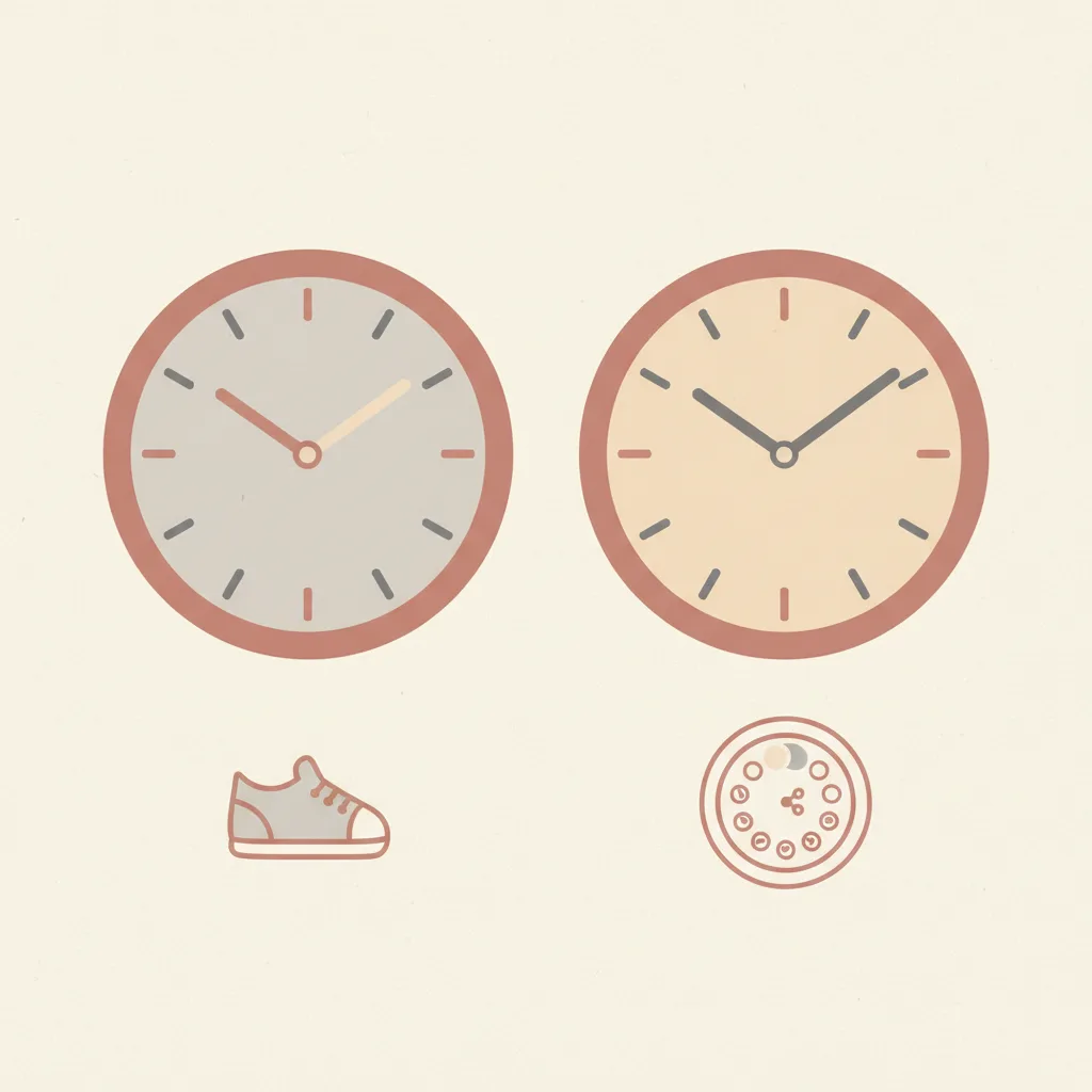 Two analogue clocks side by side, the left showing an early hour with a small infant shoe below it, the right showing a late hour with a fertility calendar below it