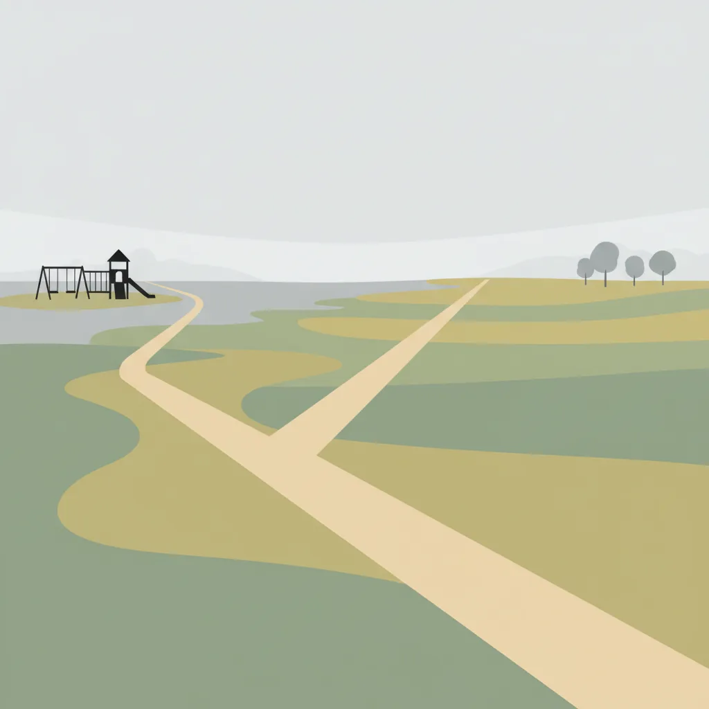 Two diverging paths through a quiet park, one leading toward a playground silhouette, the other into open fields.