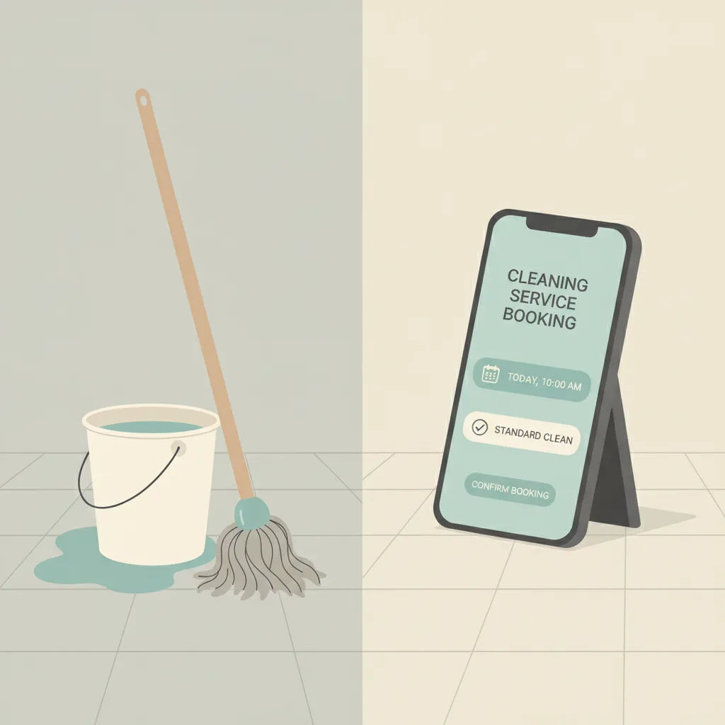 A mop and bucket on one side, a phone showing a booking app on the other, both on a clean floor.