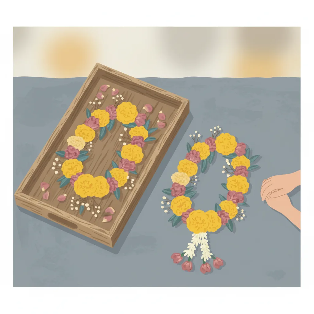 Two pairs of wedding garlands on a plain surface, one laid out by family hands, one placed by the couple alone.