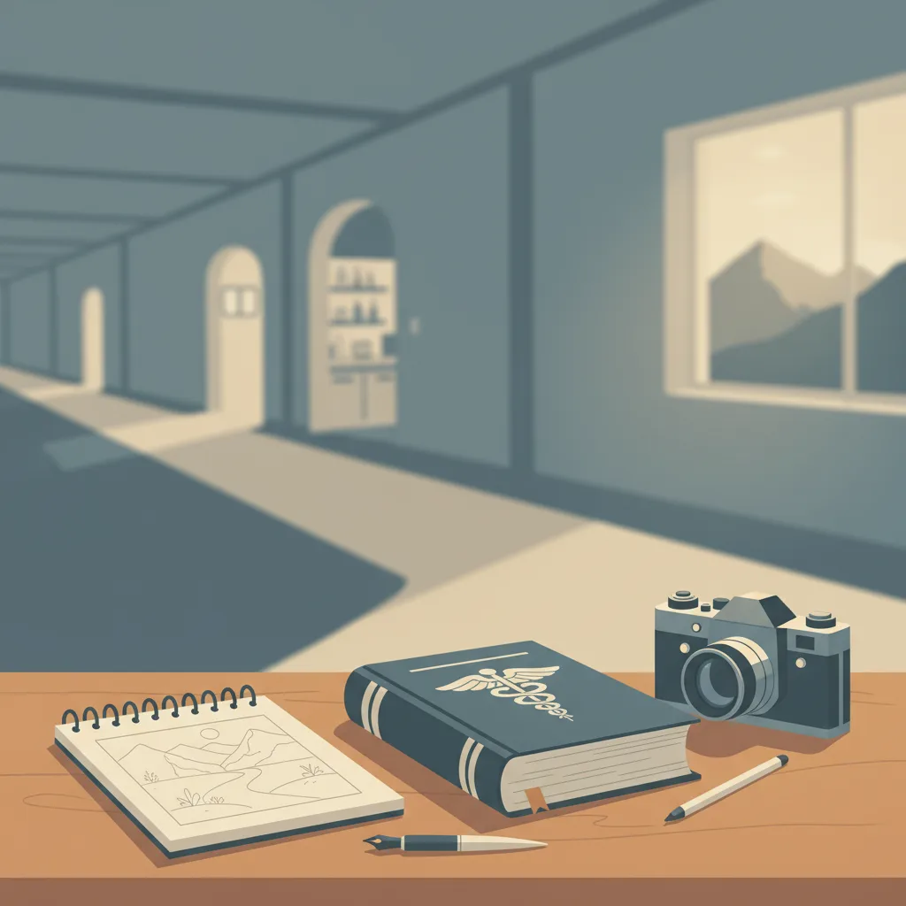 A medical textbook open beside a sketchpad and a camera, a fork in a corridor behind them.