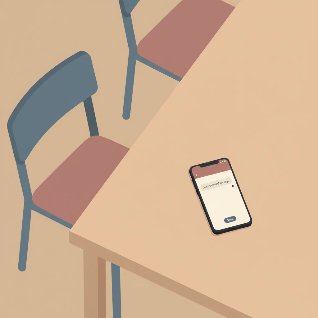 A mobile phone on a table with an unsent draft message open on screen, a second chair visible in the background.