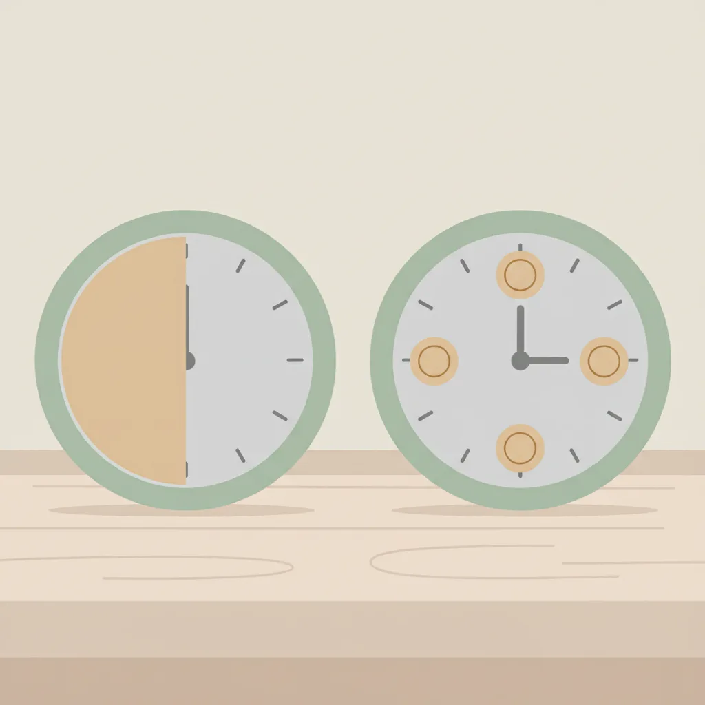 Two simple wall clocks on a plain table, one with a narrow shaded eating window and the other showing three small plate icons around the face.
