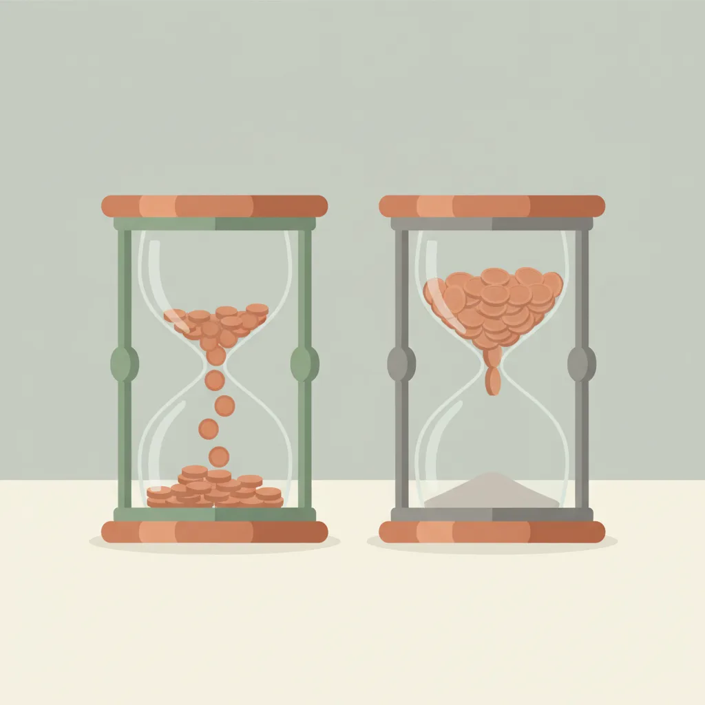 Two hourglasses side by side, one with coins flowing through, the other with coins stuck at the top.