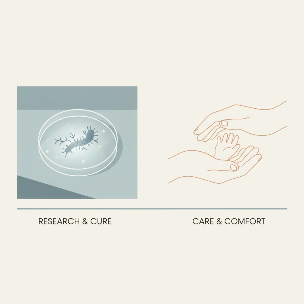 A flat vector illustration of a laboratory embryo dish alongside a simple outline of two adult hands holding a small hand
