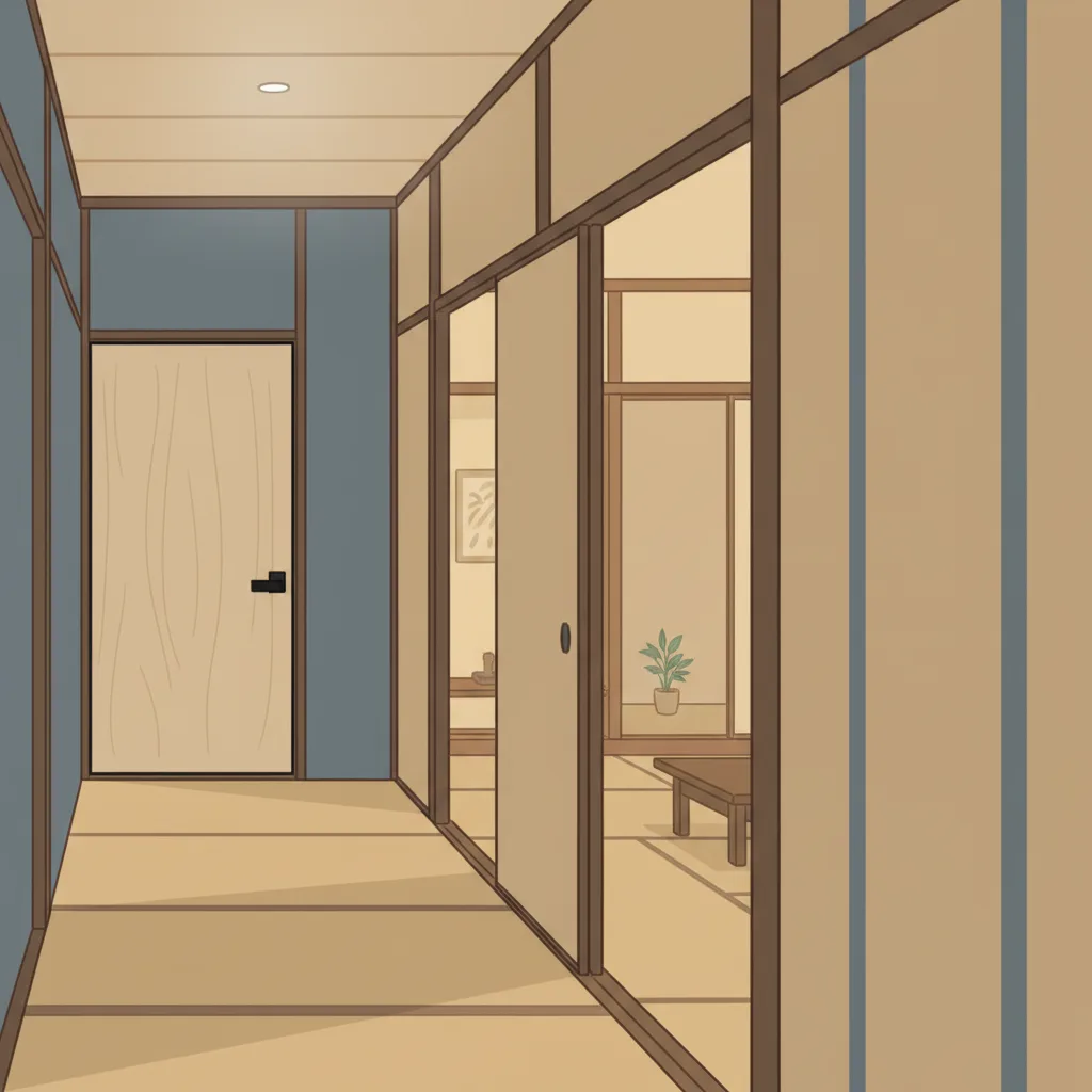 A long single corridor with one door at the end versus a corridor branching into multiple lit doorways.