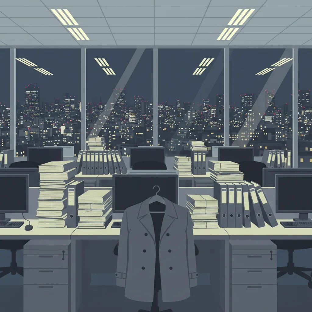 A fluorescent-lit open-plan office at night, stacks of binders, a single coat still on a chair hook.