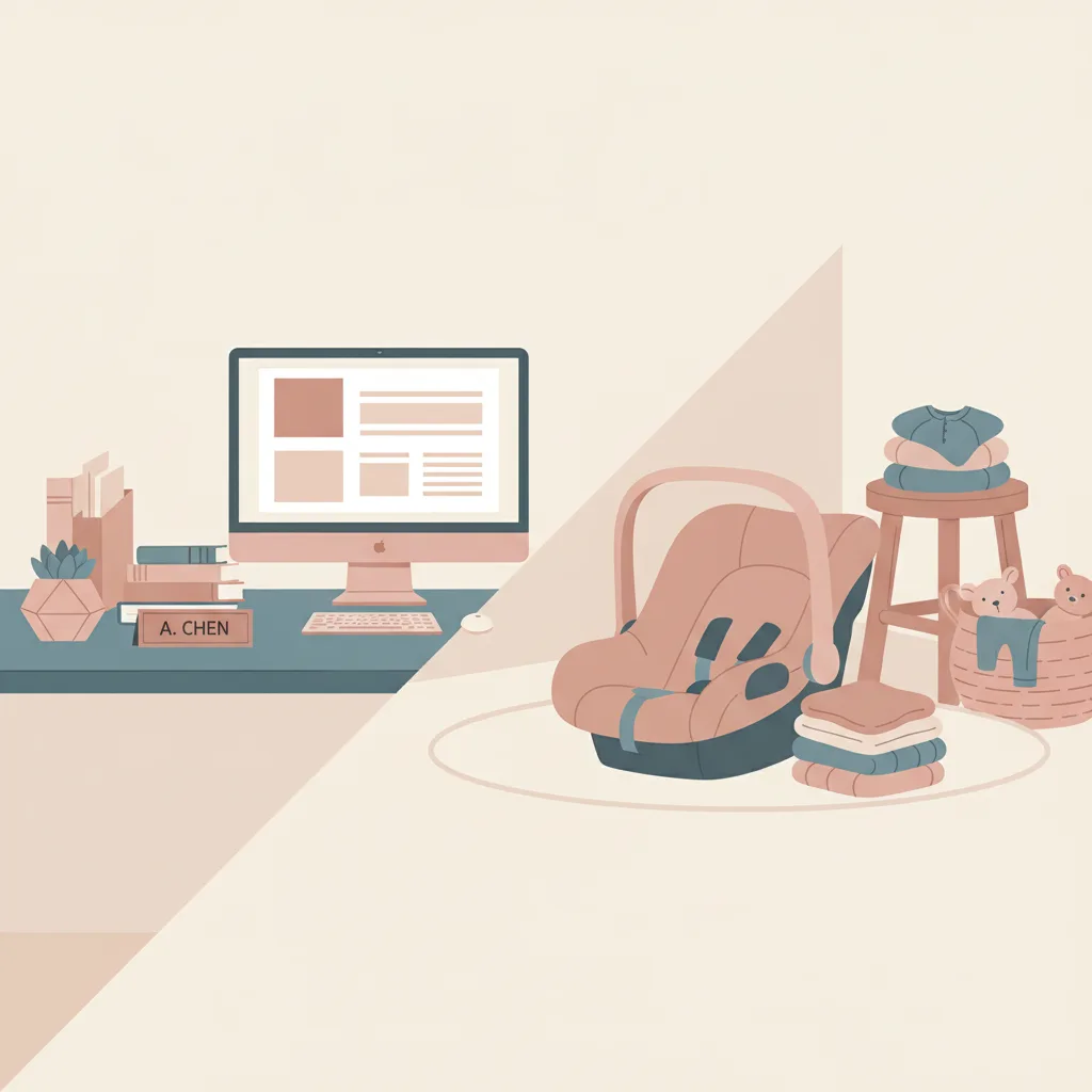 A split image of a professional desk on one side and a domestic space with an infant seat on the other.