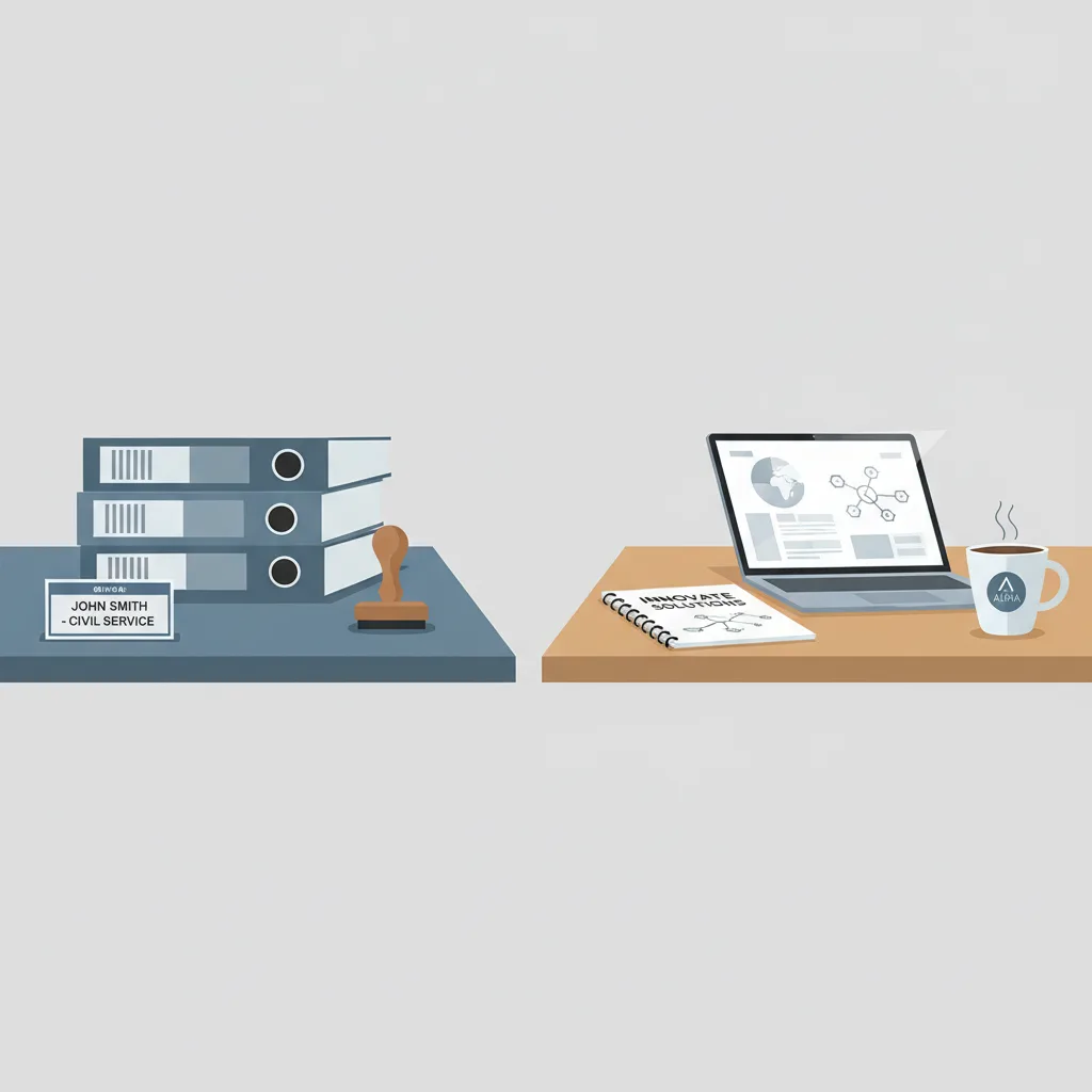 Two contrasting desks: one with government stamps and official binders, one with a laptop and startup pitch deck.
