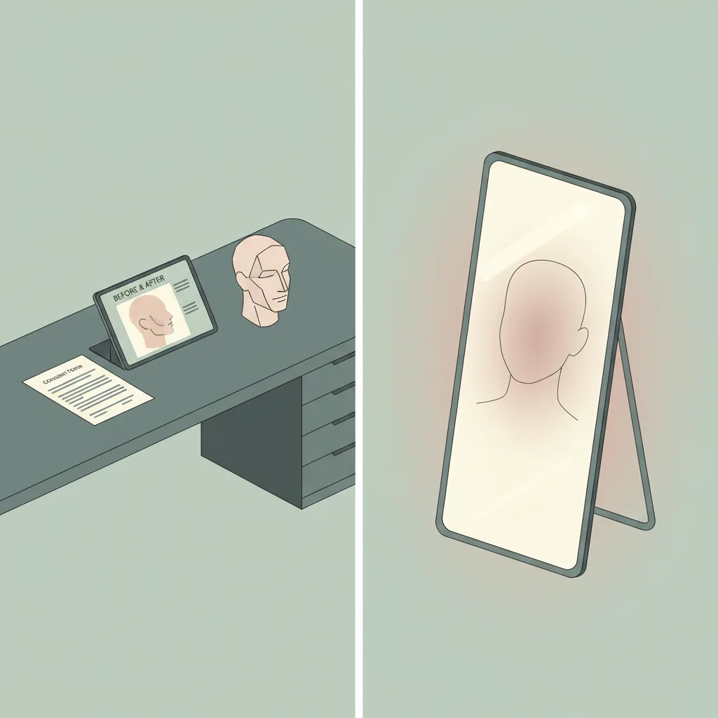 A split scene: a surgical consultation table on one side and a mirror reflecting a natural face on the other, in muted illustration style.