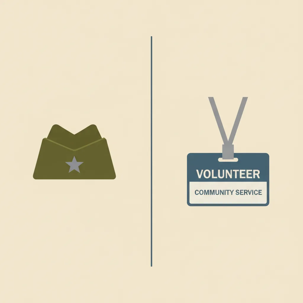 A military cap and a civilian service badge side by side on a plain surface, representing two service paths.