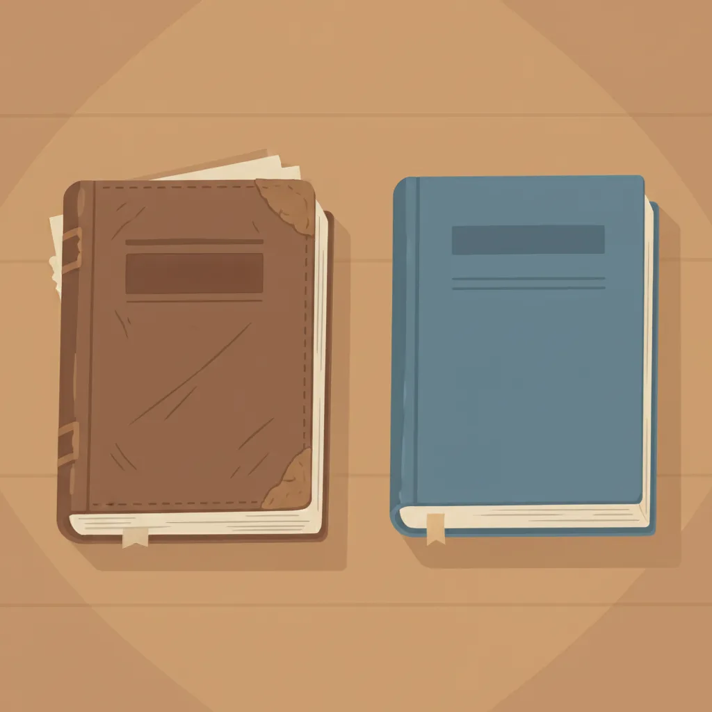 A worn notebook and a new textbook resting side by side on a desk.