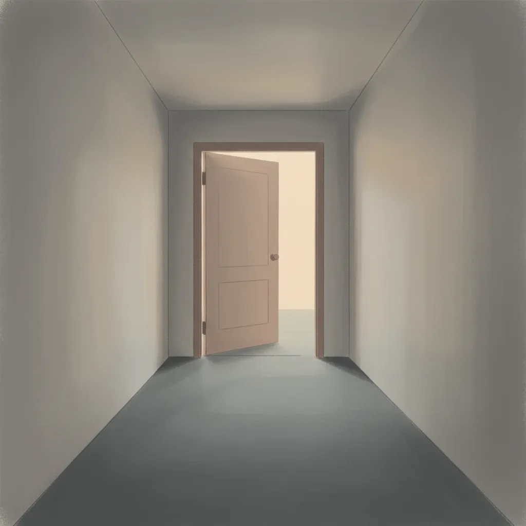 A half-open door with light visible beyond it, set against a dim interior hallway.