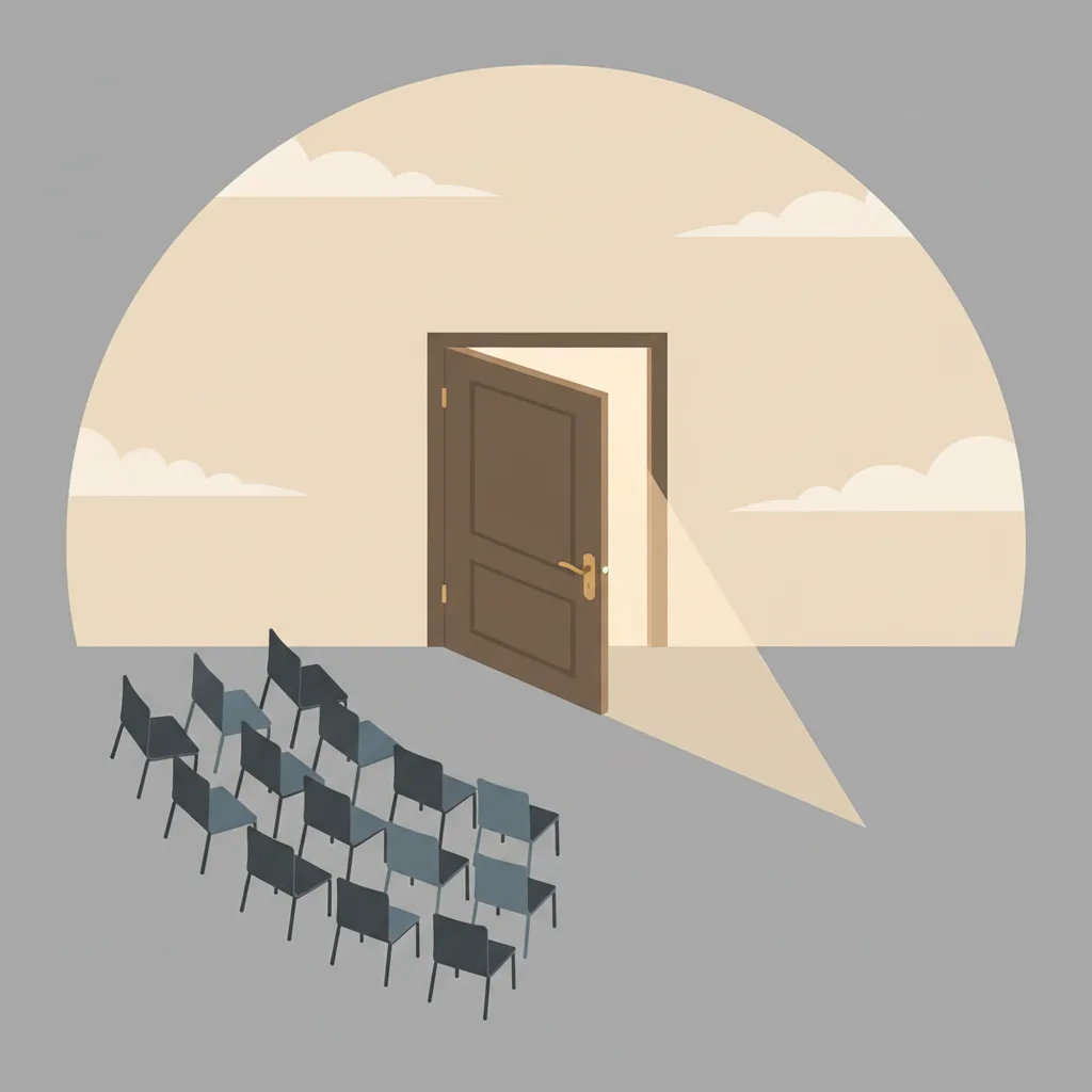 A door standing ajar in a circle of chairs, half-inside showing a tight ring, half-outside showing open space