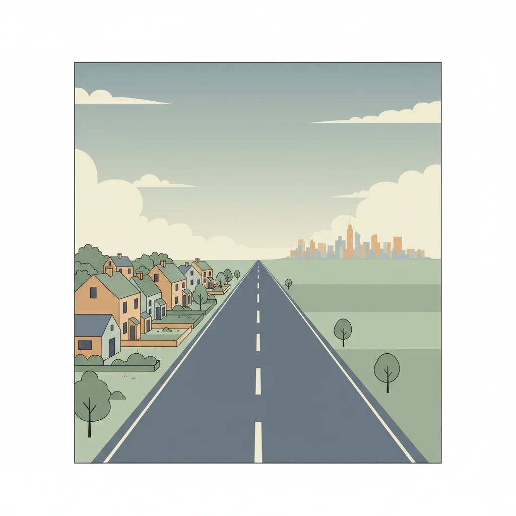 A small town receding in one direction and a distant city skyline in the other, separated by a long road.
