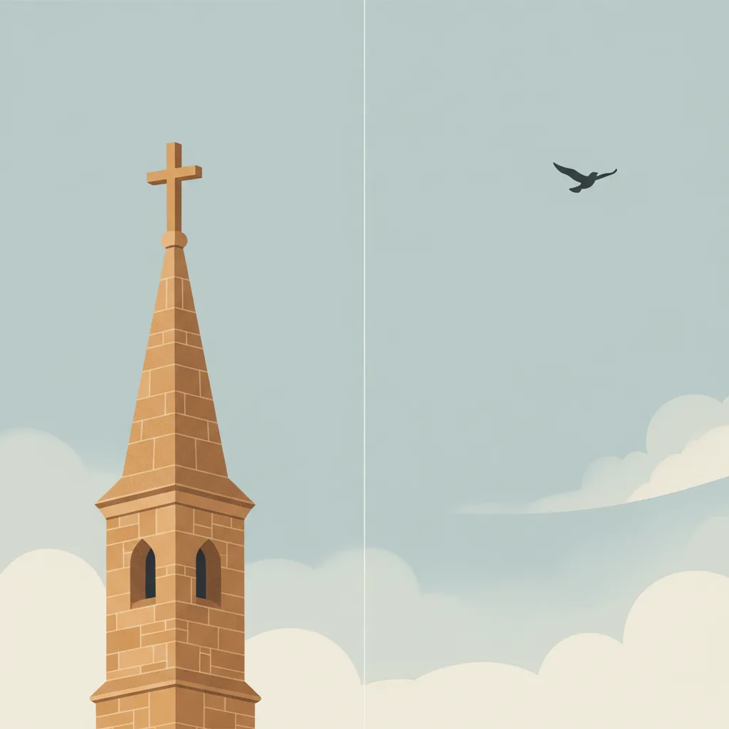 A church steeple and an open sky separated by a thin vertical line