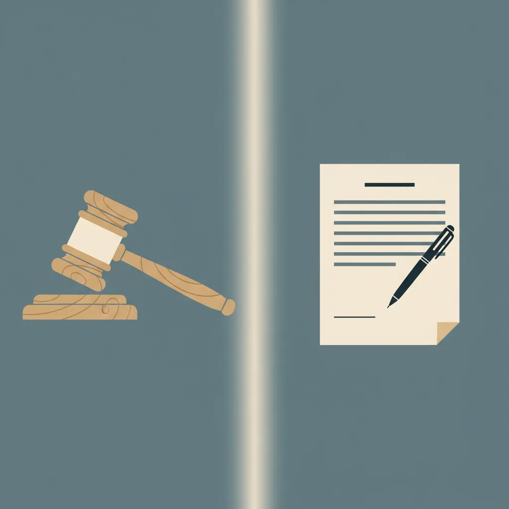 A court gavel on the left and a handshake agreement document on the right