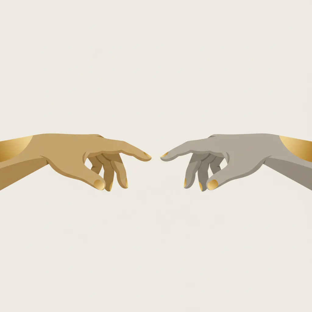 Two hands near each other but not touching, with a small gap between them, on a neutral background.