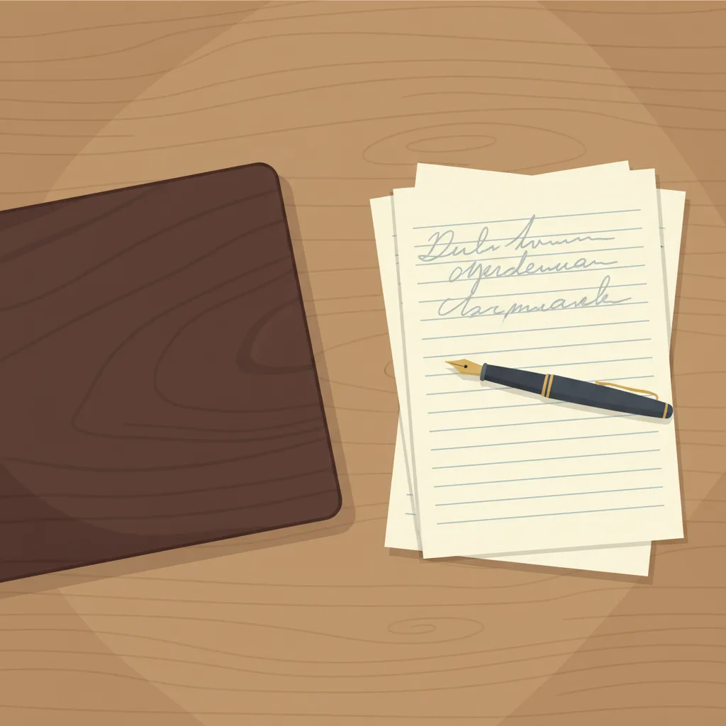 A laptop closed on a wooden desk beside a stack of handwritten notes and a fountain pen.