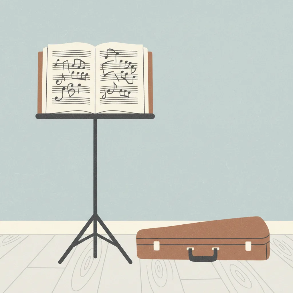 A half-completed music stand with sheet music next to a closed violin case