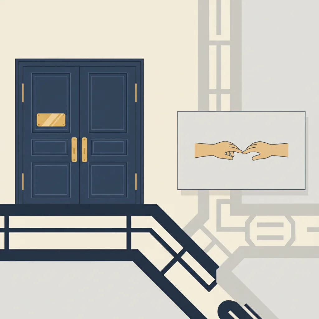 A courtroom door with a briefcase on the left and a handshake icon on the right, split down the middle.