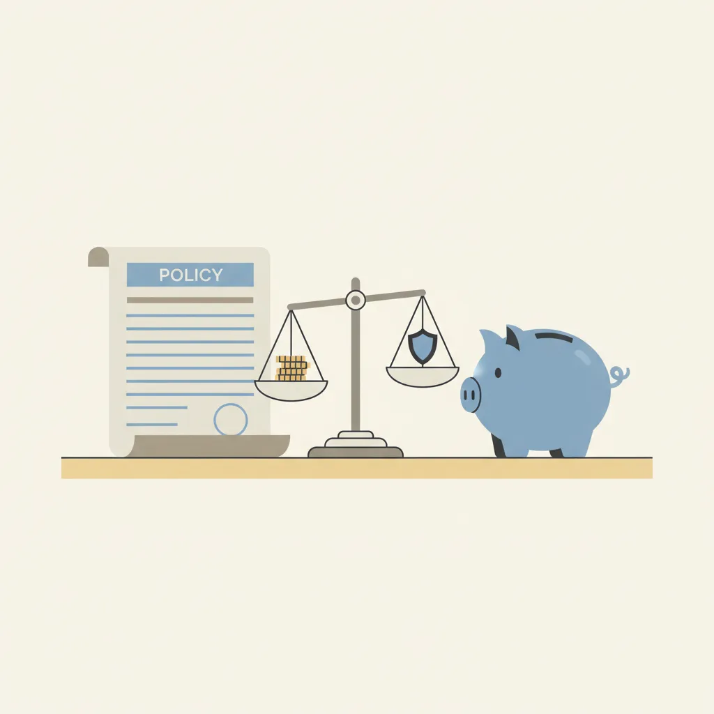 A policy document and a piggy bank side by side on a table