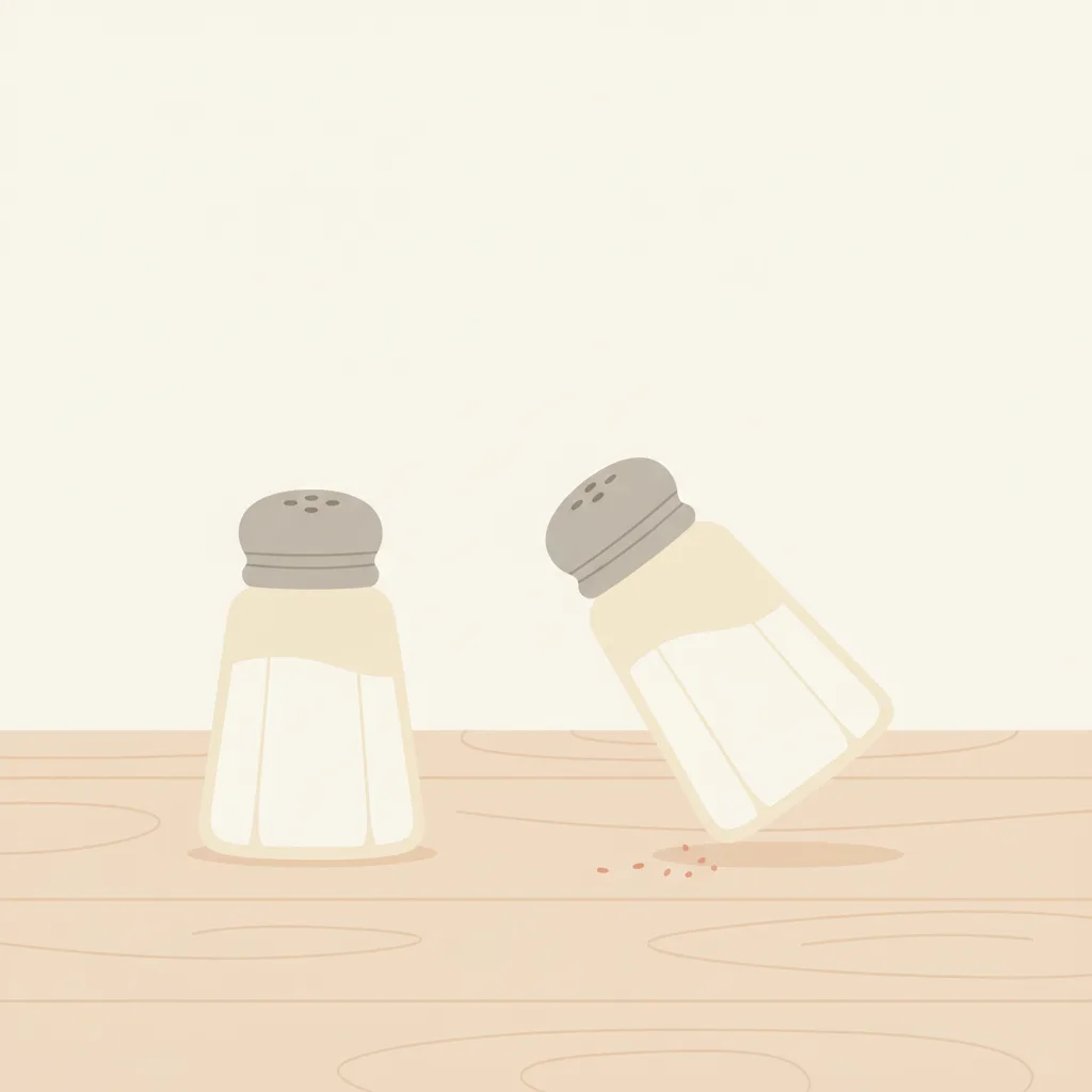 Two simple salt shakers on a pale table, one small and reserved, the other large and tipped slightly forward.