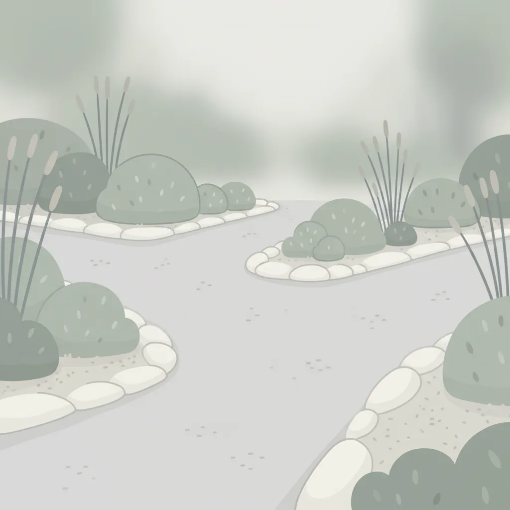 A flat vector illustration of two paths diverging in a quiet garden, one lit softly, one in shade.