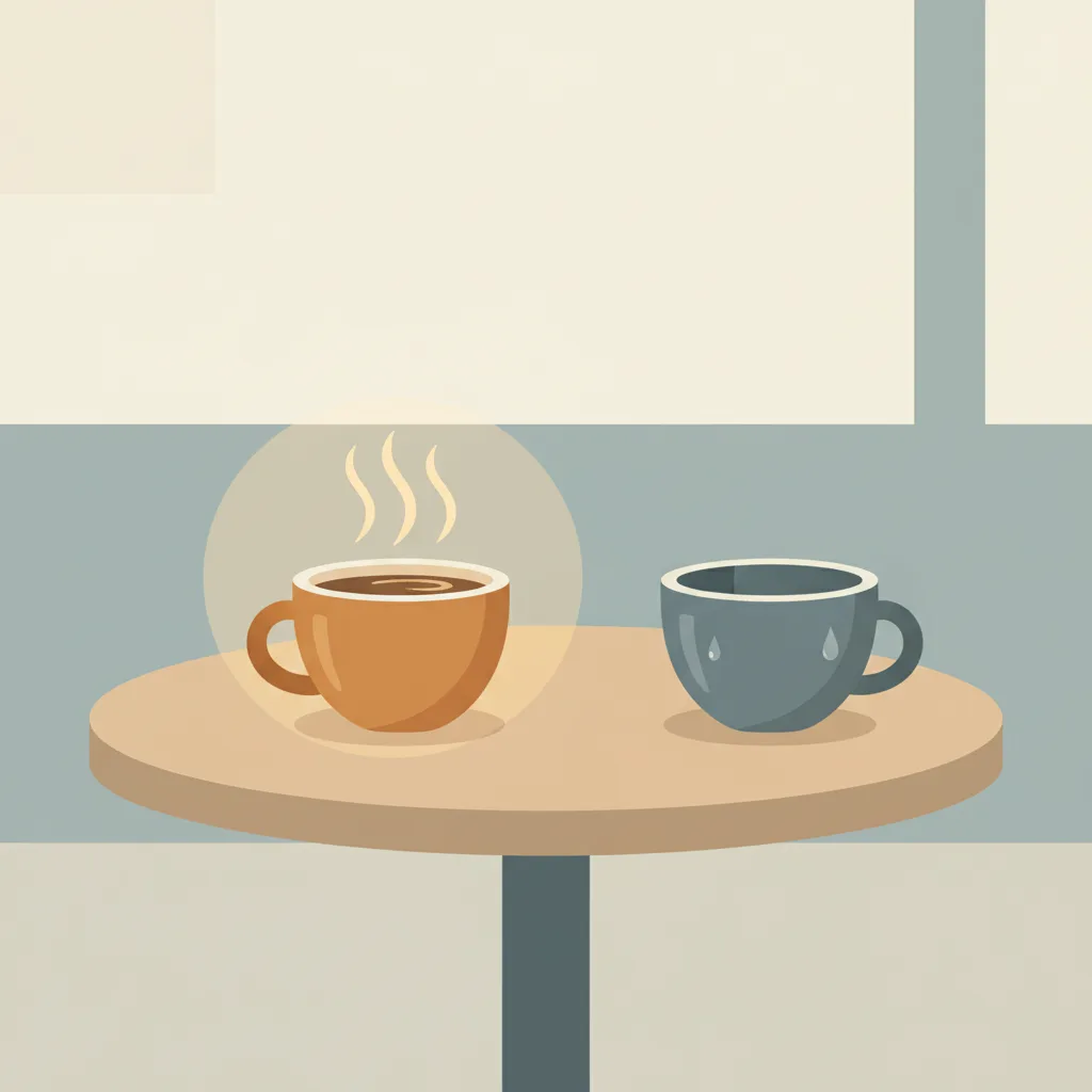 Two coffee cups on a small table, one full and steaming, one empty and forgotten.