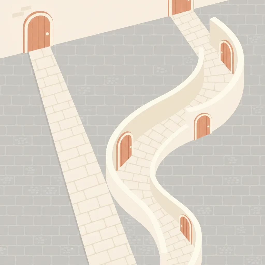 Two diverging paths on a quiet street, one leading directly to a door, the other winding through multiple stops