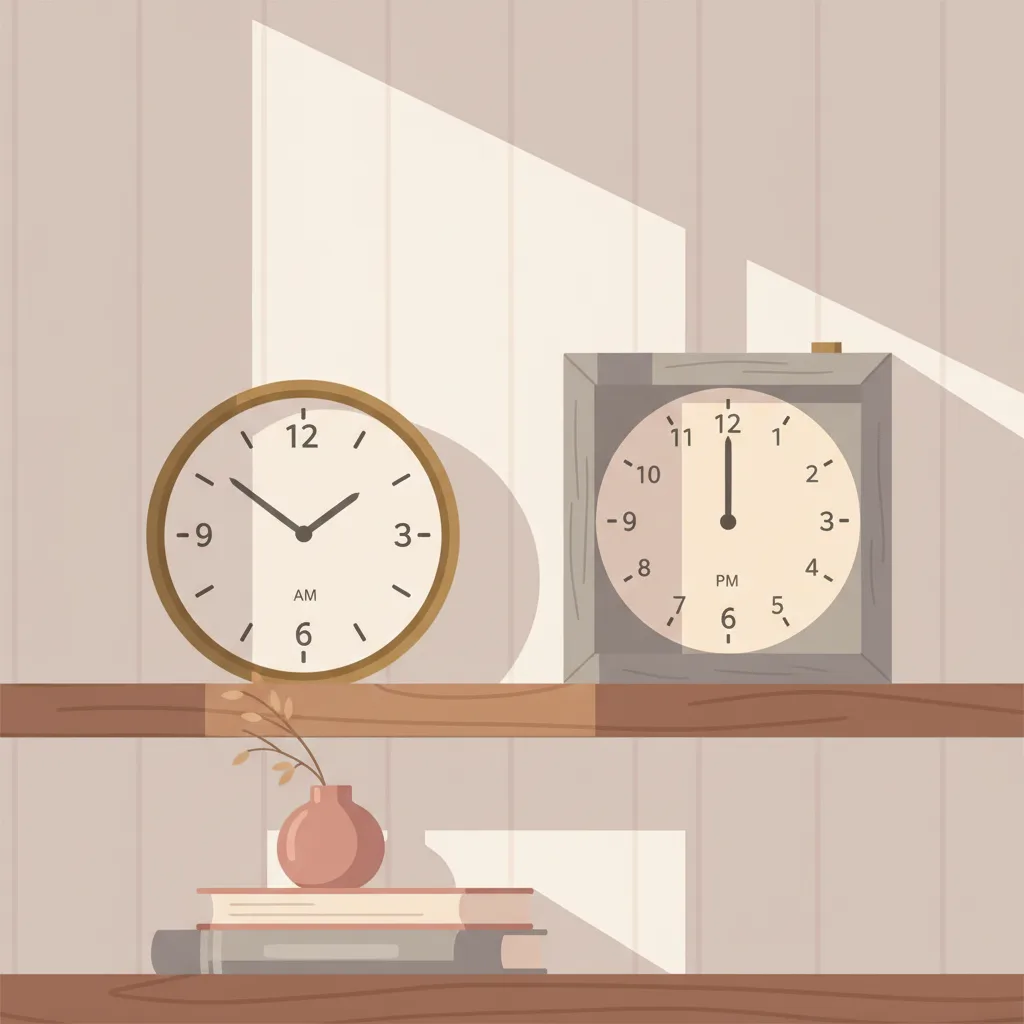Two clocks side by side, one showing an early hour and one showing a later hour, set against a calm domestic background.