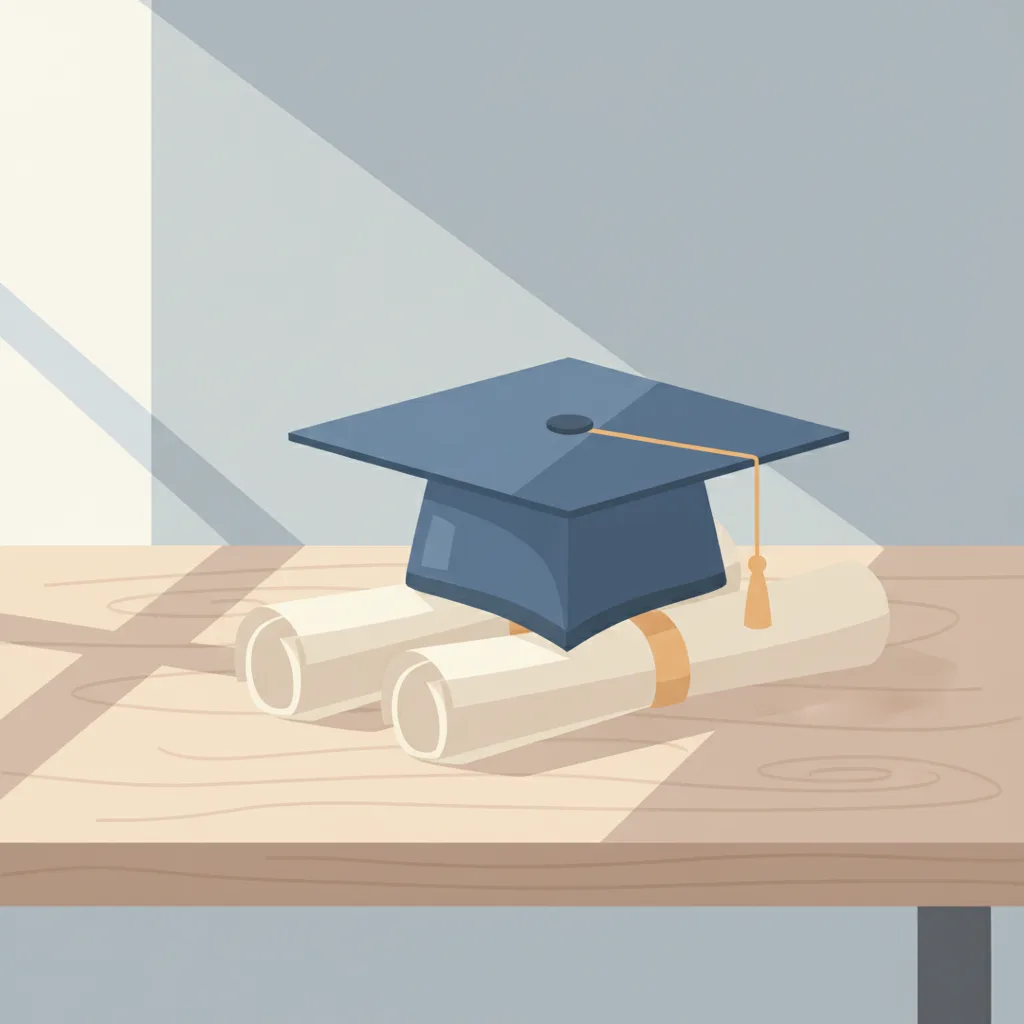 A graduation cap resting on a stack of two diplomas on a clean desk.